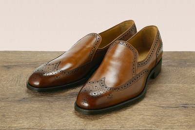 Brown Leather Brogue Design Wingtip Loafers Slips On Moccasin Shoes