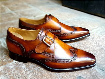 Handmade Brown Double Monk Straps Leather Shoes, Men's Leather Formal Shoes
