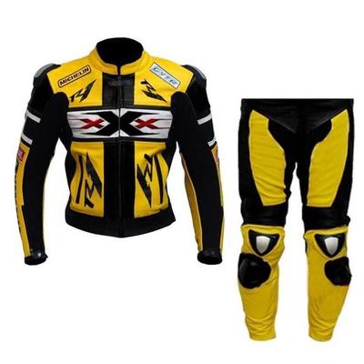 Men Black & Yellow Sports Racing Motorcycle Leather Suit Jacket & Pants UK