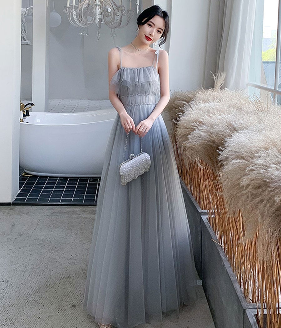 Gray tulle sequins long prom dress party dress