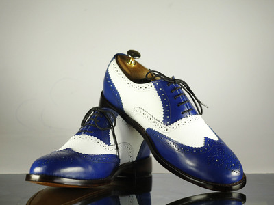 Handmade Blue & White Leather Shoes, Men's Wing Tip Lace Up Formal Shoes