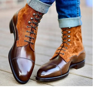 Handmade Men's Ankle High Leather Two Tone Brown Boots Custom Made Boots For Men