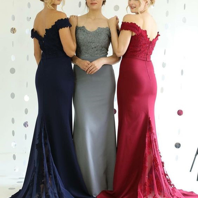 Elegant mermaid off the shoulder burgundy long prom dresses with lace,evening party dresses - Thumbnail 4