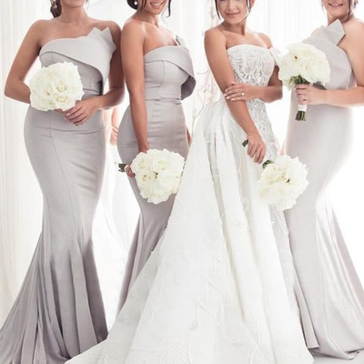 Mermaid strapless grey satin long bridesmaid dress with train - Thumbnail 4