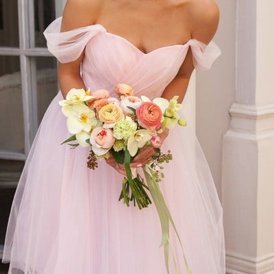 Cute tea length a line off shoulder pink tulle bridesmaid dresses - Thumbnail 4