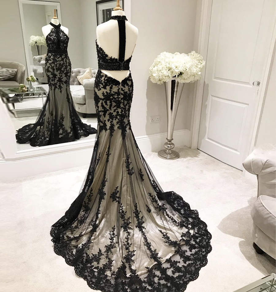 Black lace long prom dress black evening dress