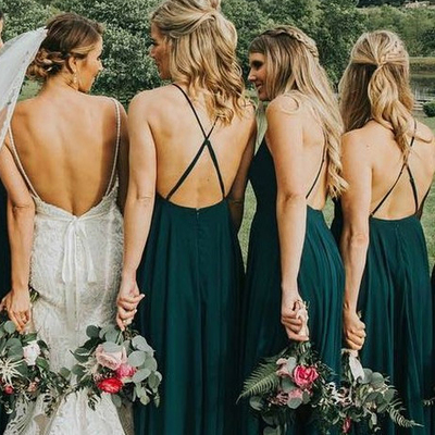 Sheath straps dark green chiffon long bridesmaid dress with criss cross back - Thumbnail 4