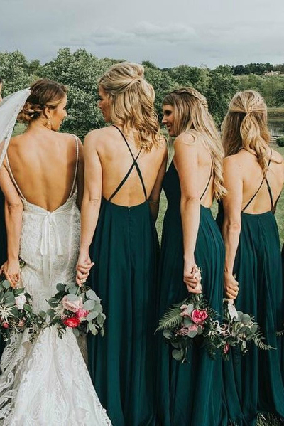 Sheath Straps Dark Green Chiffon Long Bridesmaid Dress with Criss Cross Back