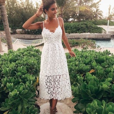 Cute v neck spaghetti straps white lace party dresses - Thumbnail 4