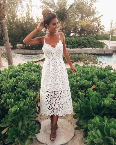 Cute V Neck Spaghetti Straps White Lace Party Dresses