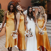 Fairy A Line V Neck Gold Satin Bridesmaid Dresses - Thumbnail 1