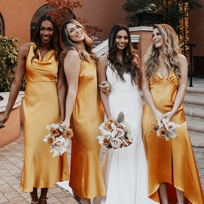 Fairy a line v neck gold satin bridesmaid dresses - Thumbnail 3