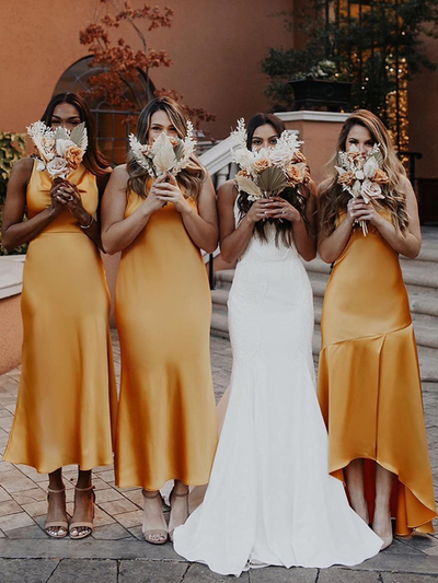 Fairy A Line V Neck Gold Satin Bridesmaid Dresses