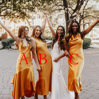 Fairy A Line V Neck Gold Satin Bridesmaid Dresses - Thumbnail 2