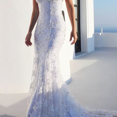 Elegant mermaid v neck white lace wedding dresses - Thumbnail 3