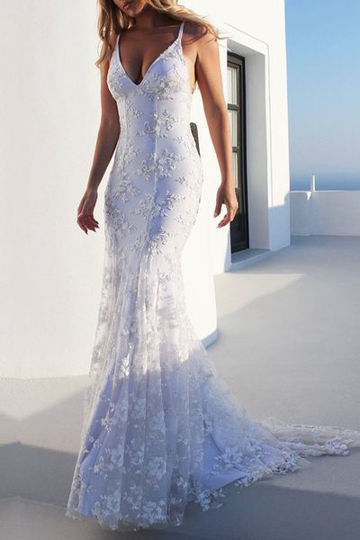 Elegant Mermaid V Neck White Lace Wedding Dresses