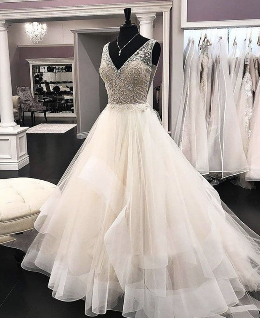 A line v neck tulle beads long ball gown dress