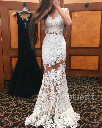 White round neck lace mermaid long prom dress, lace evening dress,554