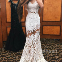 White round neck lace mermaid long prom dress, lace evening dress,554 - Thumbnail 1
