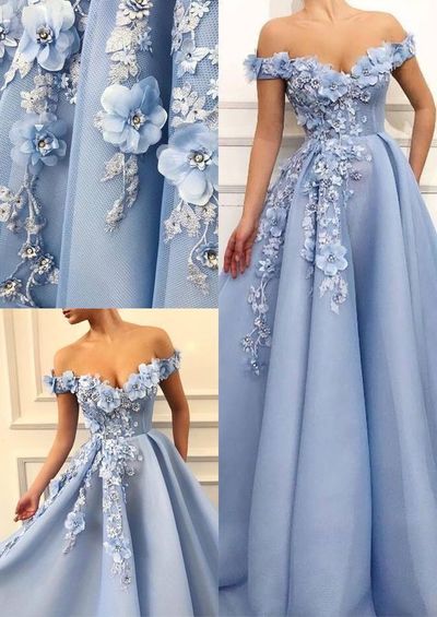 Charming Blue Tulle Flower Long Prom Dresses, Sexy Blue Evening Party Dress