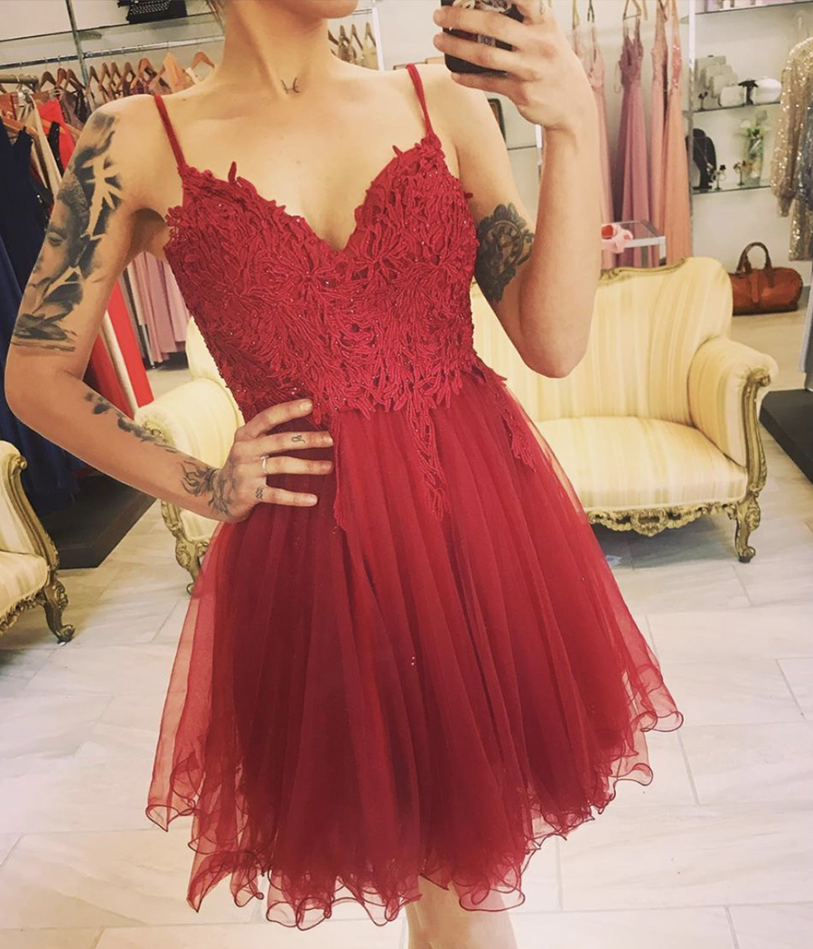 Red tulle lace short prom dress homecoming dress