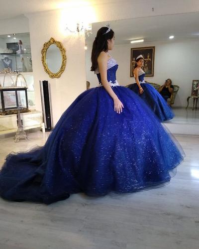 Glitter Sequins Royal Blue Ball Gown Quinceanera Dress Lace Appliques Puffy Girls 15 Years Birthday Dresses vestidos de quinceañera,556
