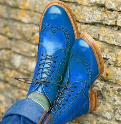 Handmade Oxfords Wingtip Design Blue Casual Ankle High Boot