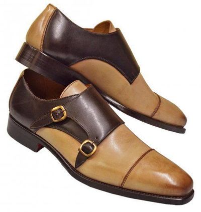 Handmade Two Tone Double Monk Leather Shoes, Men's Formal Shoes