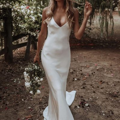 Simple mermaid v neck spaghetti straps cross back white wedding dresses - Thumbnail 4