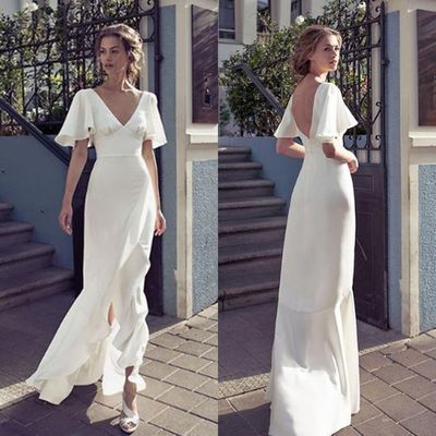 V neck sheath wedding dresses front split backless bridal dress floor length wedding dresses - Thumbnail 5