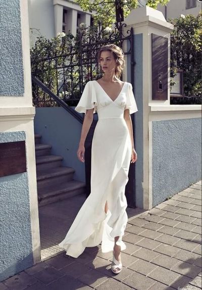 v neck sheath wedding dresses front split backless bridal dress floor length wedding dresses