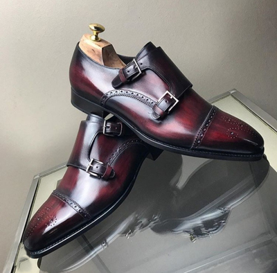 Handmade Cognac Cap Toe Double Monk Straps Leather Shoes, Men's Formal Shoes