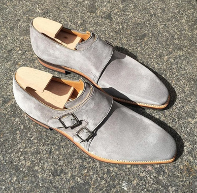 Handmade Gray Suede Double Monk Straps Shoes, Men's Dress Shoes