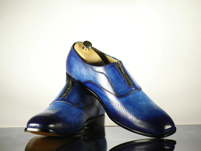 Handmade Men's Casual Shoes, Men's Blue Wing Tip Leather Zip Style Formal Shoes