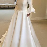 White A-Line Off The Shoulder Satin Wedding Dress With Half Length Sleeves - Thumbnail 1