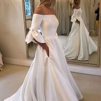White A-Line Off The Shoulder Satin Wedding Dress With Half Length Sleeves - Thumbnail 2