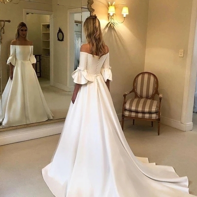 White a-line off the shoulder satin wedding dress with half length sleeves - Thumbnail 3