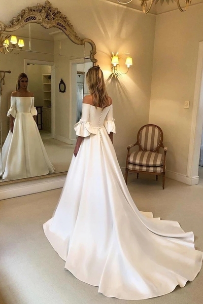 White A-Line Off The Shoulder Satin Wedding Dress With Half Length Sleeves