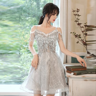 Gray sequins short prom dress evening dress - Thumbnail 3