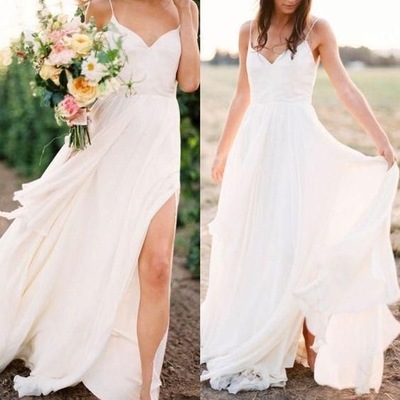 Spaghetti Straps Beach Slit Side Wedding Dresses Bridal Gown