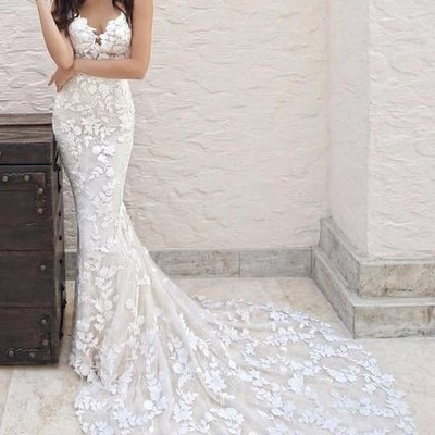 Mermaid spaghetti strap floral lace bridal long gowns wedding dresses with train - Thumbnail 5