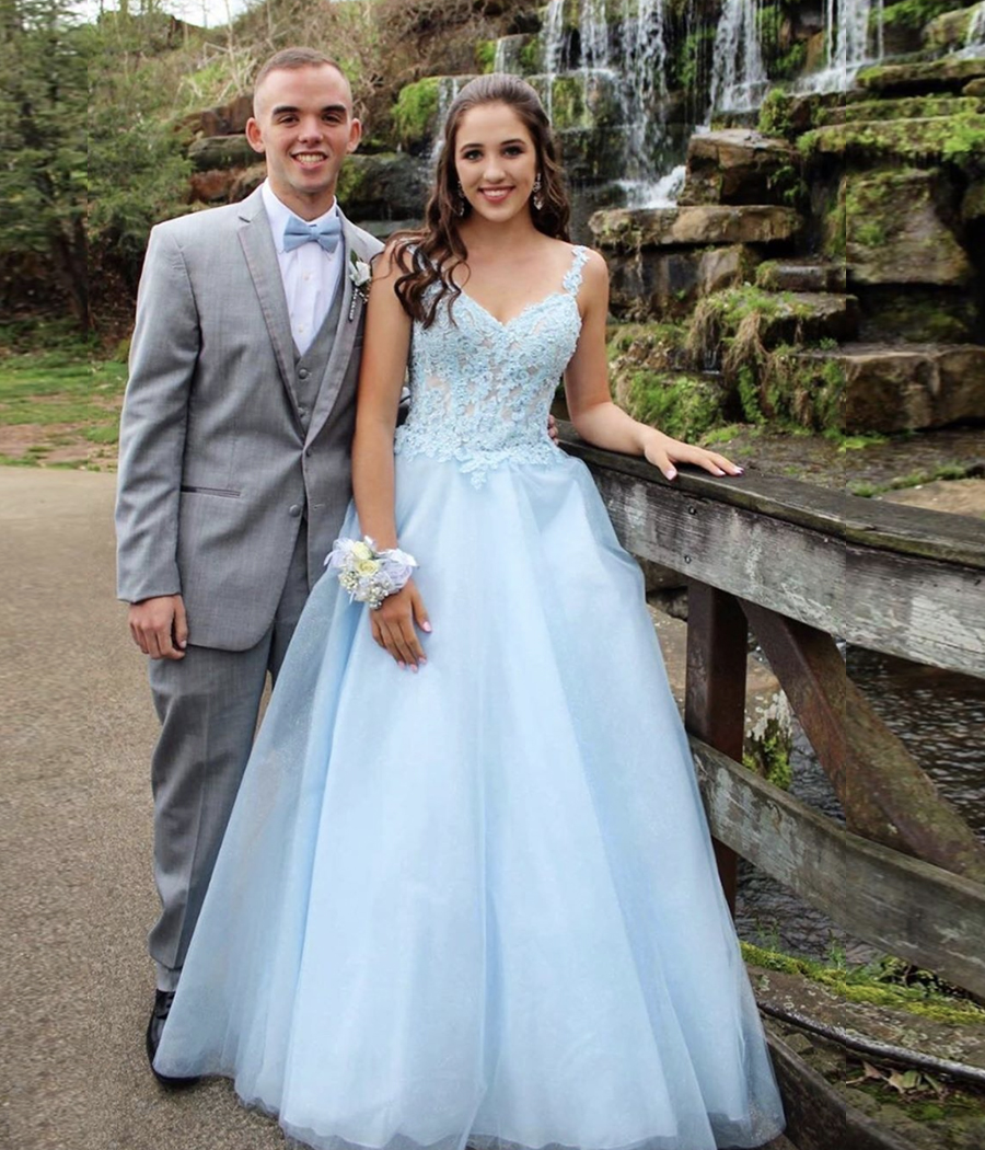 Blue tulle lace long ball gown dress