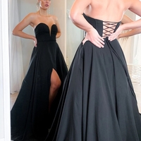 Sweetheart Cross Back Yellow/Black Chiffon Long Prom Dresses with Side Slit - Thumbnail 2