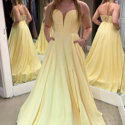 Sweetheart cross back yellow/black chiffon long prom dresses with side slit - Thumbnail 2