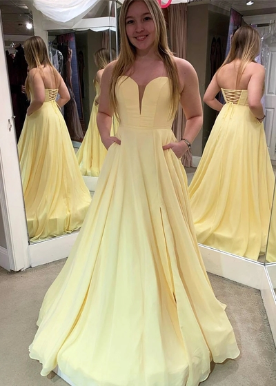 Sweetheart Cross Back Yellow/Black Chiffon Long Prom Dresses with Side Slit