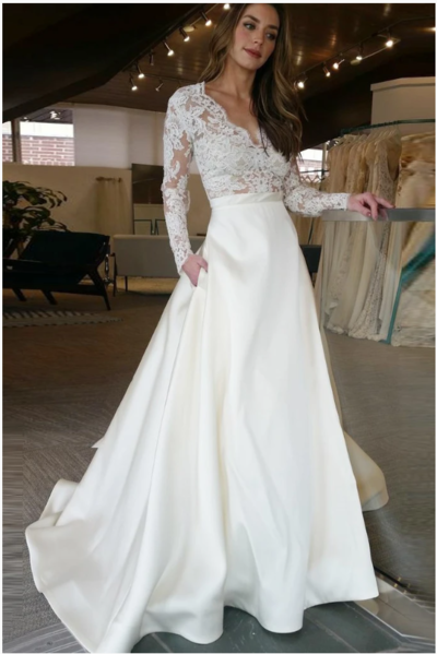 Elegant A-Line V-Neck Long Sleeves Off White Floor Length Prom/Wedding Dress With Lace Top,567