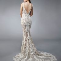 Unique Mermaid V Neck Open Back White Lace Wedding Dresses with Train - Thumbnail 3