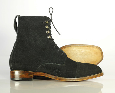 Bespoke Black Cap Toe Ankle Boots Men's Suede Boot