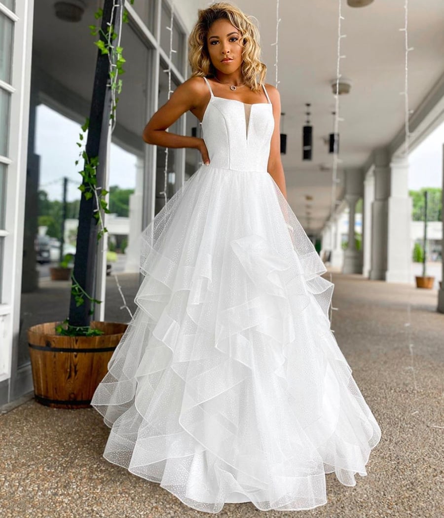 White tulle long ball gown dress formal dress