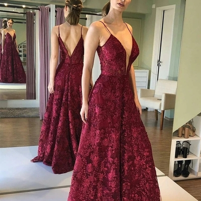 Deep v neck and v back burgundy lace long prom dresses, open back maroon lace formal dresses, burgundy evening dresses - Thumbnail 5